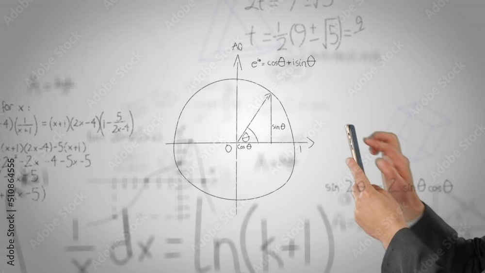 Animation of hand with smartphone and math formulas moving over grey background Animation of hand with smartphone and math formulas moving over grey background