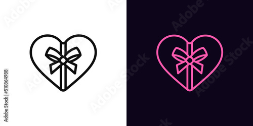 Outline gift box icon, with editable stroke. Heart shaped present with bow knot, romantic surprise pictogram. Love gift box