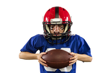 Closeup portrait of school age boy, beginner american football player in sports uniform and helmet isolated on white background. Concept of sport, challenges, motion, achievements.