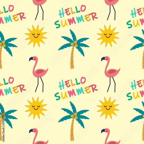 Hand drawn tropical elements seamless pattern. Tropical background. Flamingo doodle illustration. Vector illustration. Seamless pattern with cartoon palm trees, sunglasses and flamingo.