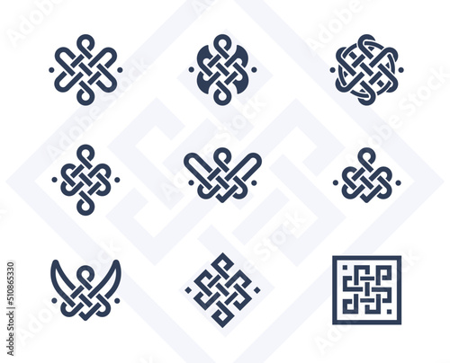 Set of 9 Celtic symbols. Set of Celtic endless knots. Celtic patterns.