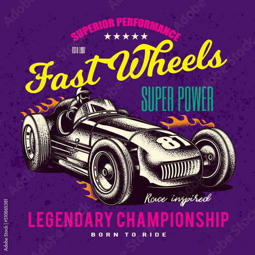 Original vector illustration in vintage style. An old vintage racing car on a purple background. T-shirt design, stickers, print.