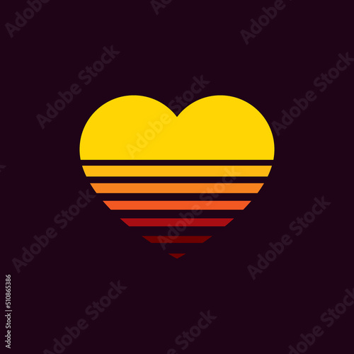 Vintage sunset in the shape of a heart, in the style of the 80s. Vector background. A design element.