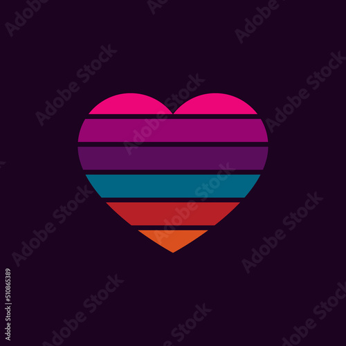 Vintage neon sunset in the shape of a heart, in the style of the 80s. Vector background. A design element.