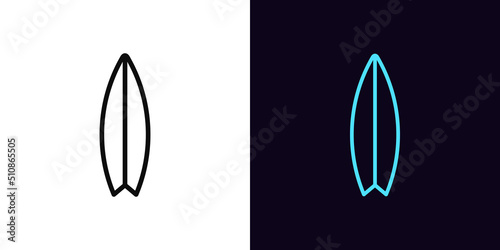 Outline surfboard icon, with editable stroke. Linear surfboard silhouette, surf pictogram. Extreme sea sport