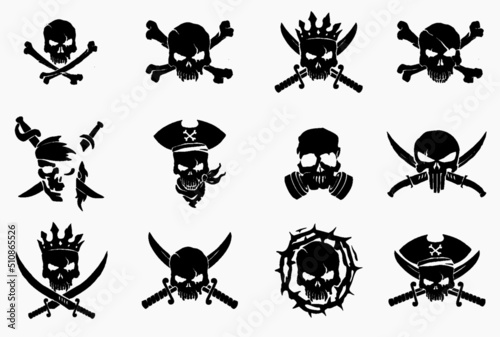 A collection of 12 vector skulls You can use these pirate skulls to print on t-shirts, clothes, pirate flags, mugs, pillows, snowboards and other items and things.