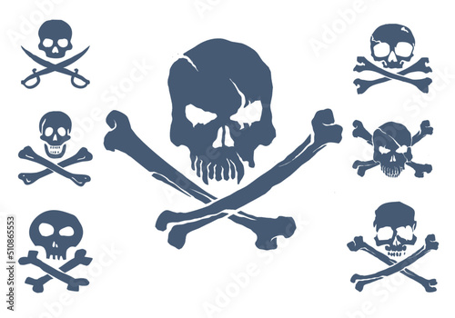 Fotobehang Blue collection of 7 vector skulls You can use these pirate skulls to print on t-shirts, clothes, pirate flags, mugs, pillows, snowboards and other items and things