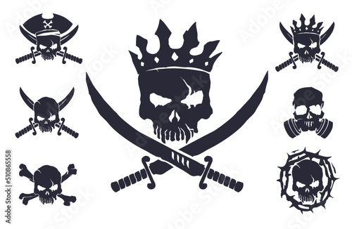Dark collection of 7 vector skulls You can use these pirate skulls to print on t-shirts, clothes, pirate flags, mugs, pillows, snowboards and other items and things.