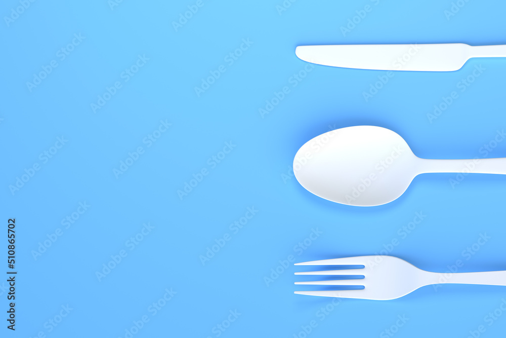 Fork, spoon and knife on blue background. Top view. Home kitchen tools and accessories for cooking. 3d rendering 3d illustration Fork, spoon and knife on blue background. Top view. Home kitchen tools and accessories for cooking. 3d rendering 3d illustration