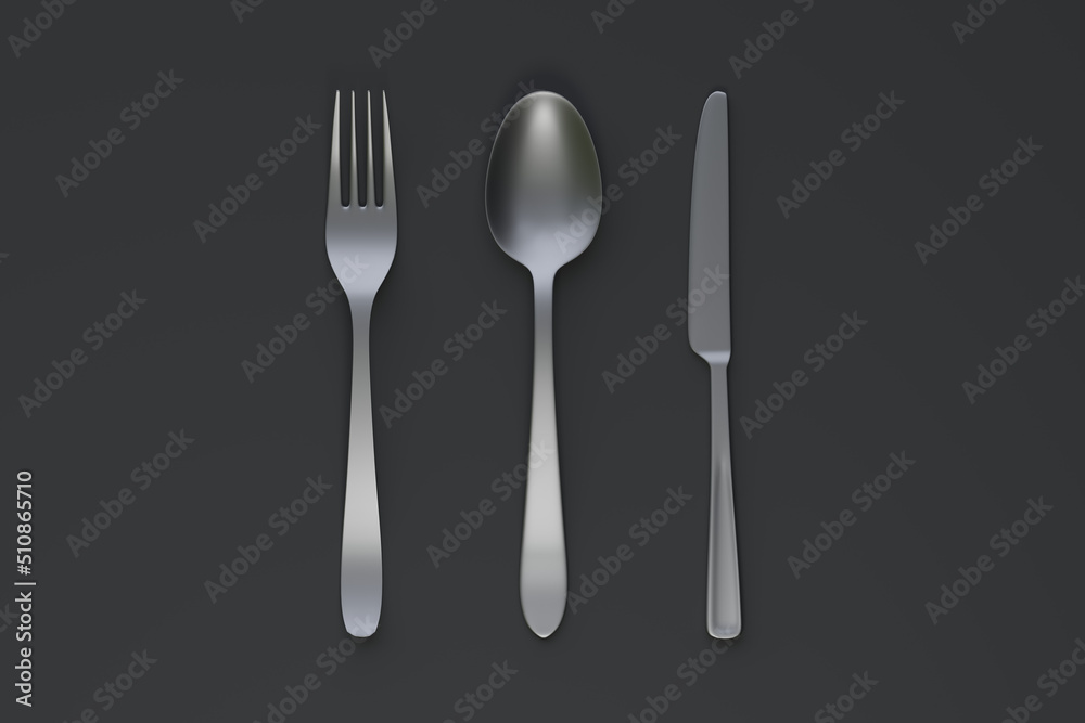 Fork, spoon and knife, isolated on black background. Home kitchen tools and accessories for cooking. Top view. 3d rendering 3d illustration Fork, spoon and knife, isolated on black background. Home kitchen tools and accessories for cooking. Top view. 3d rendering 3d illustration