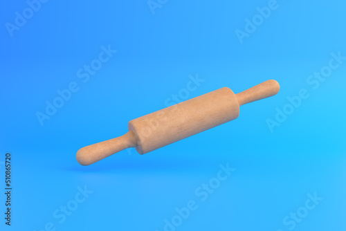 Wooden rolling pin on blue background. Home kitchen tools and accessories for cooking and baking. 3d rendering 3d illustration