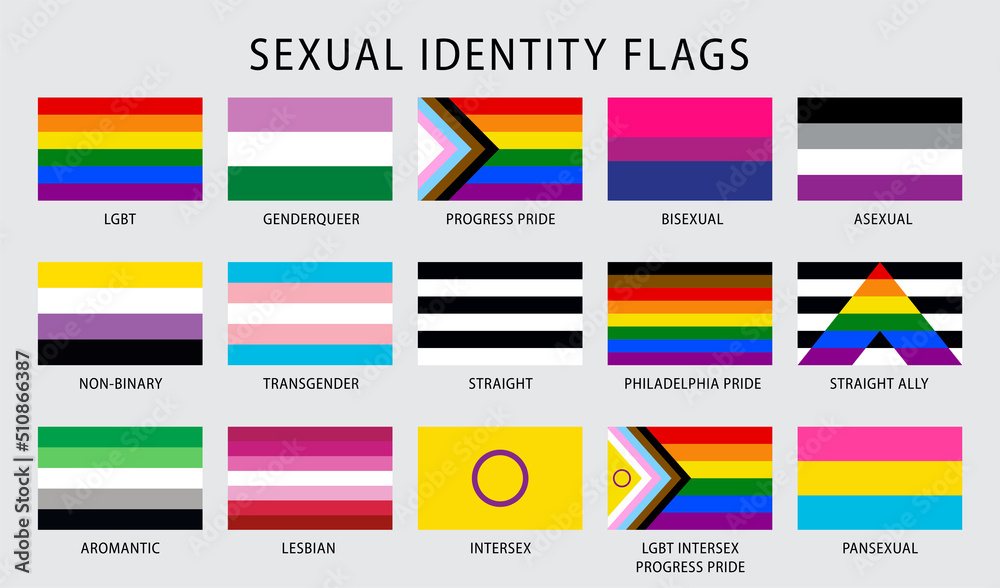 LGBT sexual identity pride flags collection. Rainbow lesbian gay bisexual transgender non binary.