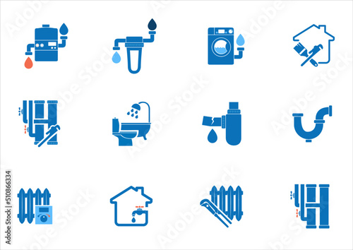 Set of 12 plumbing icons. Repair of plumbing and installation of water heaters, installation of underfloor heating and heaters.