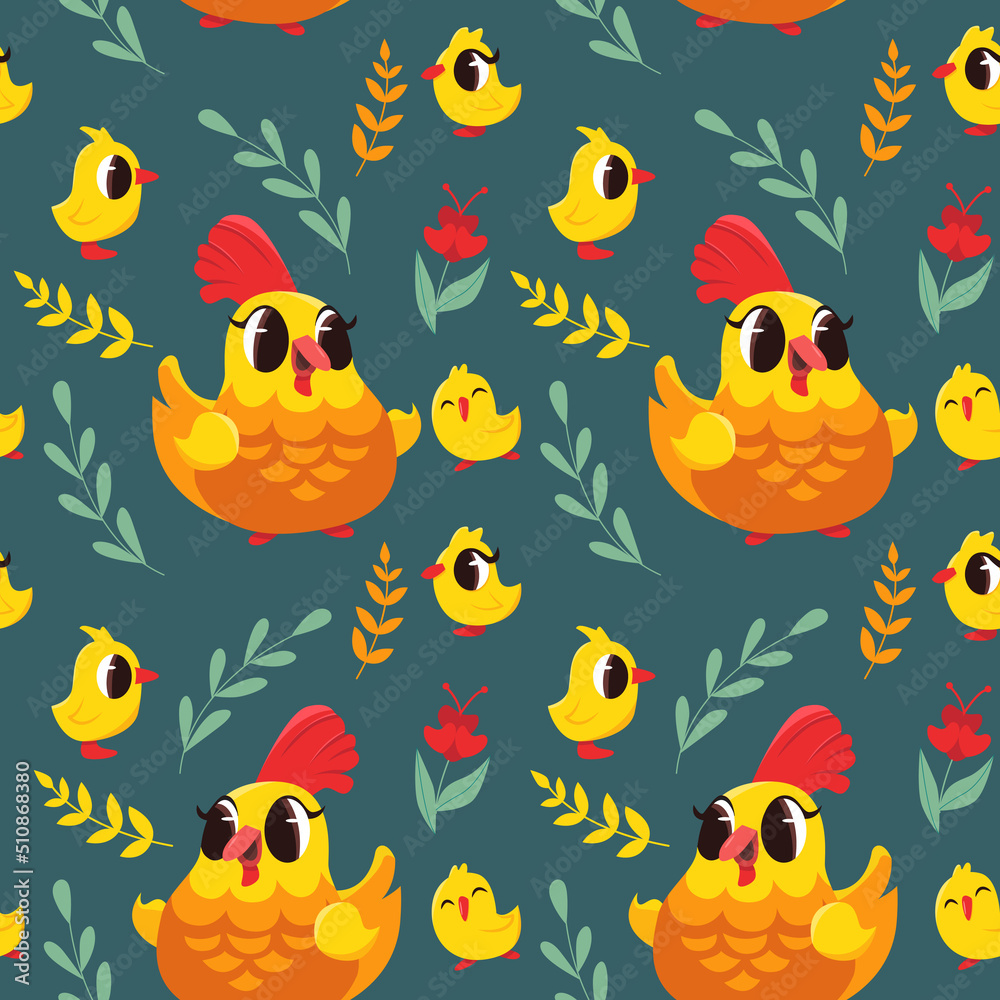 Fototapeta premium Seamless pattern with cute chickens, hens and plants on green background. Funny yellow chickens. Vector illustration.