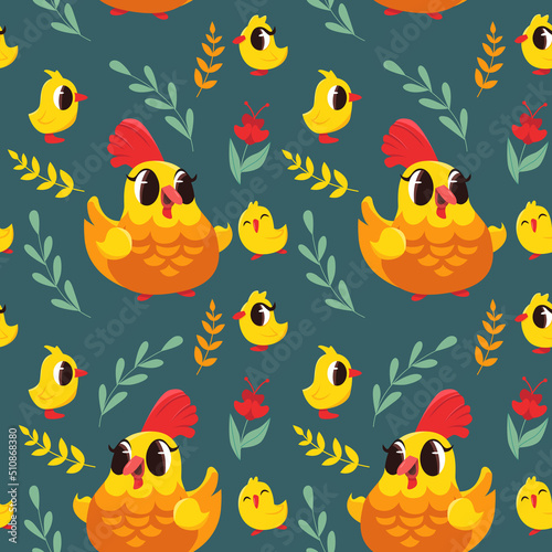 Seamless pattern with cute chickens, hens and plants on green background. Funny yellow chickens. Vector illustration.