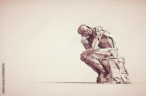 Thoughtful man from wooden polygons sitting down.