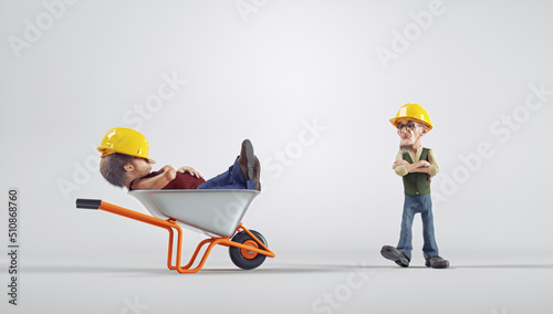 Worker sleeping in a wheelbarrow while his boss sees him.