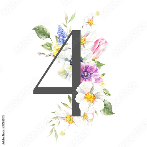 Watercolor Spring Easter Floral Number - digit 5 with flowers. Floral number element for invitation  easter greetings  baby shower  birthday  table number digital invite  wedding  party