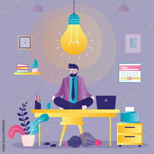 Businessman meditates on desktop. Male character thinking about new business idea. Concept of brainstorming and concentration on work. Manager focused on finding fresh ideas.