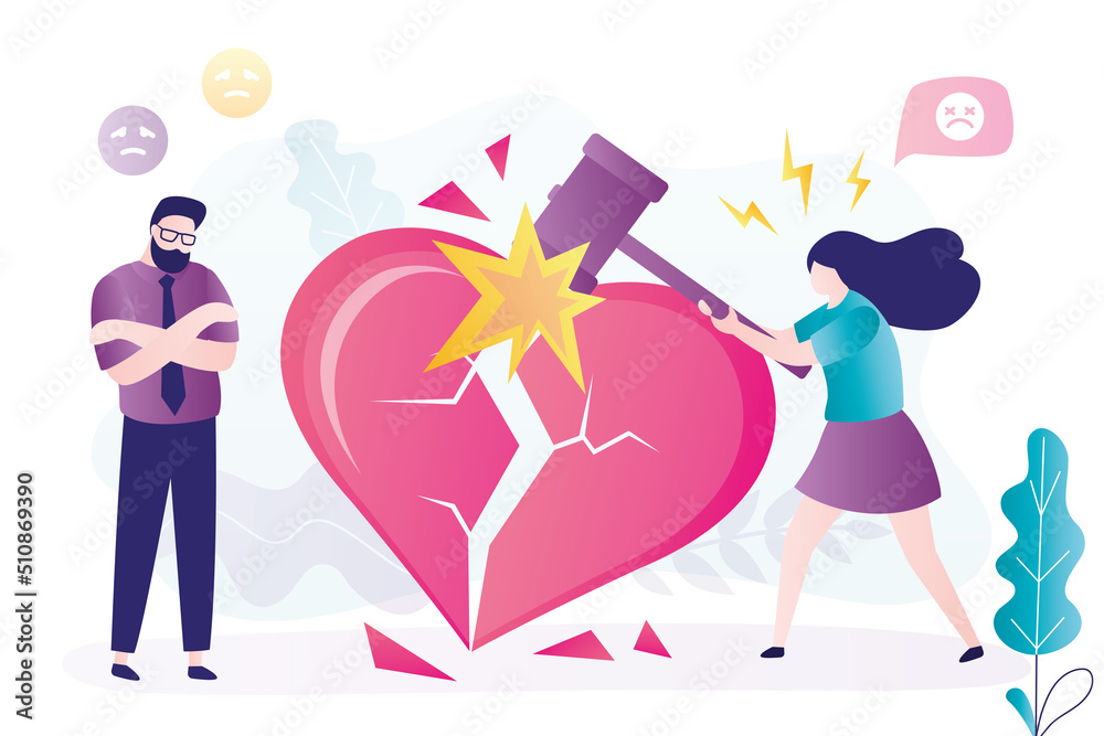 Fototapeta premium Unhappy woman with hammer breaks big heart into many pieces. Female character breaks up with boyfriend. Guy sad because of relationship breakup. Couple divorcing due to conflicts.