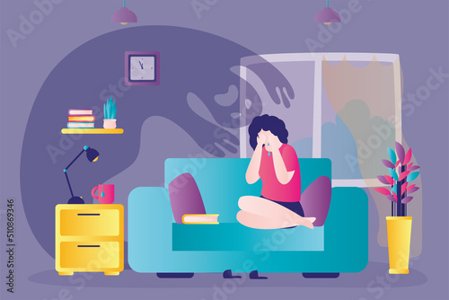Unhappy woman is afraid of the dark. Girl is sitting on couch and crying. Children's fears, phobias, psychological problems. Mental health problems. Ghosts and hauntings in room.