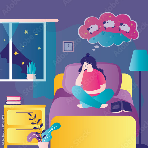 Unhappy girl suffers from insomnia at night. Female character cannot sleep due to intrusive thoughts and count sheeps. Sleep disturbance due to stress or depression.