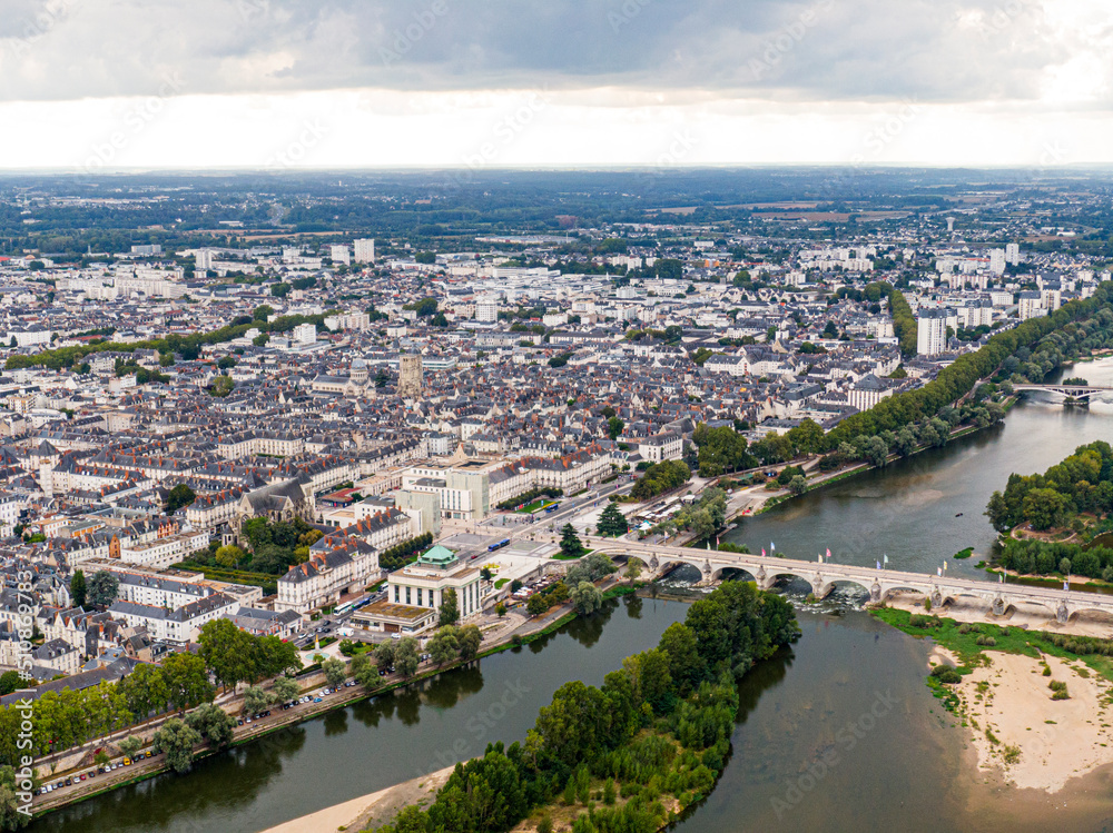 Aerial view of Tours, Bridge Napoleon, bridge Wilson crossing the river Loire, Val-de-Loire, France
