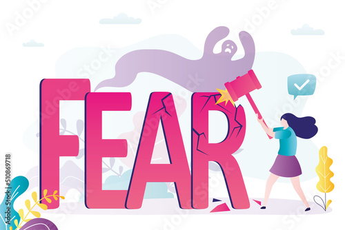 Female character with hammer breaks inscription fears. Brave woman fights fears and solves mental problems. Girl successfully overcome phobias, risks. Anxiety disorder concept.