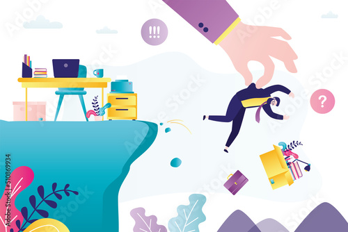 Big hand of boss throws worker man into abyss from cliff. Staff reduction. Dismissal of male employee. Empty workplace. Unemployment during recession and economic crisis. Fired manager.