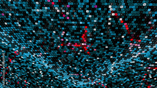 Abstract colorful transforming and waving data canvas, concept of artificial intelligence. Animation. Blinking and changing lines of a programing code on a dark background background, seamless loop.