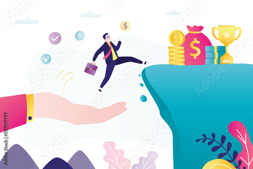 Support for small businesses. Big hand helps businessman to jump up mountain with wealth and profit. Mentor gives knowledge to beginner or student. Skills improvement. © Marina