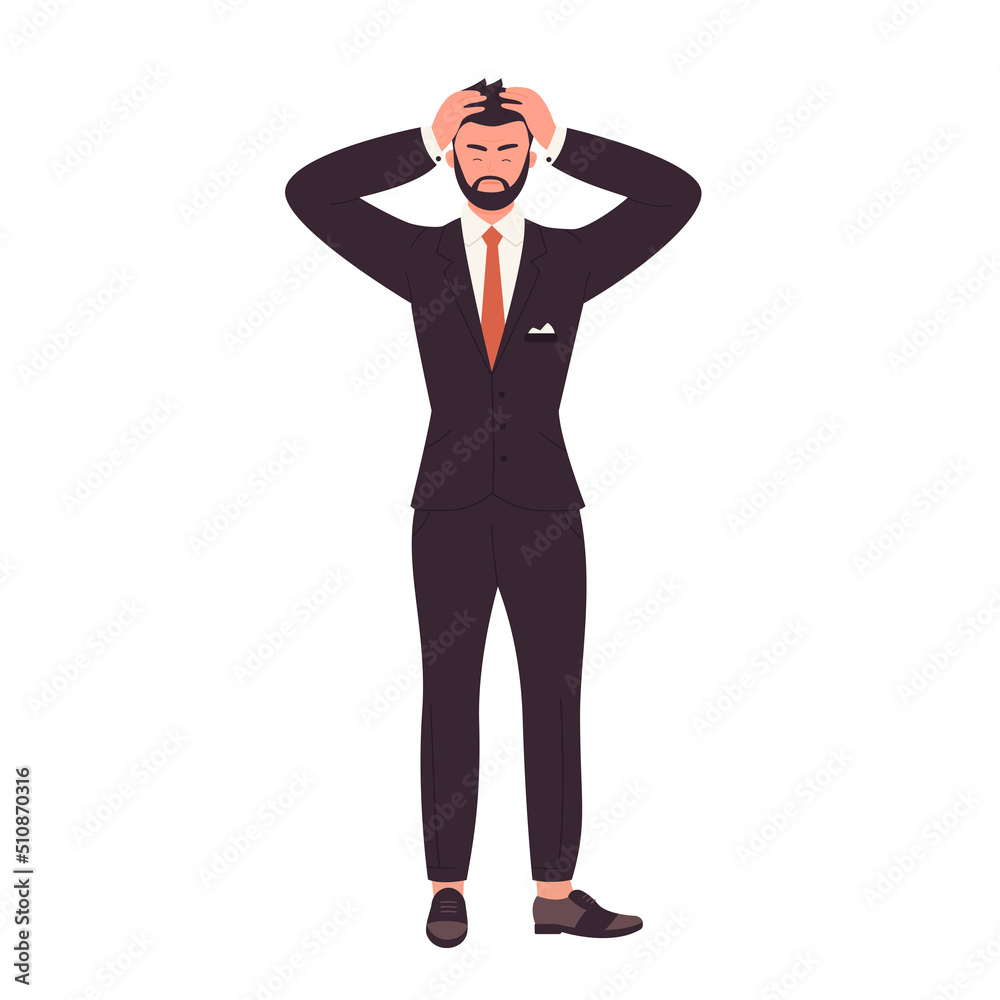 Frustrated manager holding his head. Shocked and stressed businessman vector illustration