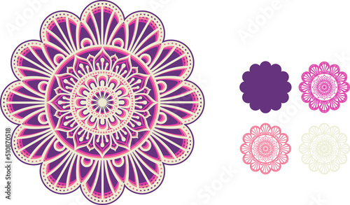 Mandala design. This design consists of several layers. You can change the color and size of the design. Cut each layer and glue together.