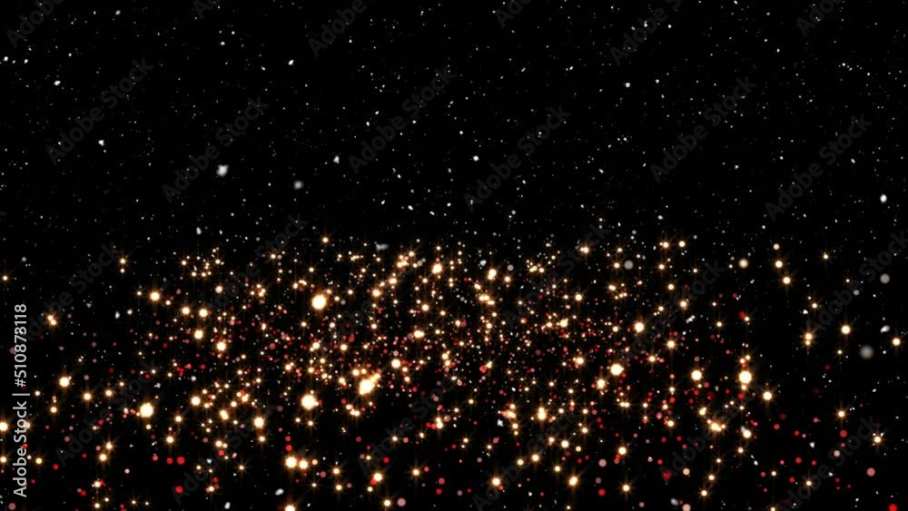 Animation of snow falling in seamless loop over glowing spots on black background