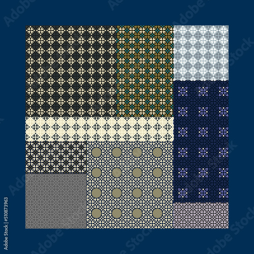 Colorful background abstract pattern patchwork scarf design. Spring summer season textile fashion accessories template. Square shawl, bandana quilt fabric print violet, white, blue green color palette