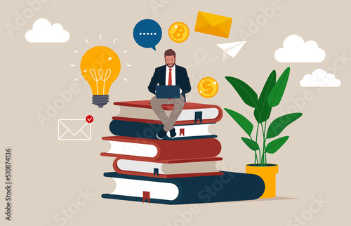 Online education. Man sitting on pile of books. Concept illustration of online courses, distance studying, self education, digital library. E-learning banner. 