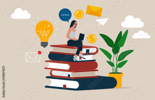 Online education. illustration in flat style. Girl sitting on pile of books. Concept illustration of online courses, distance studying, self education, digital library. E-learning banner. 