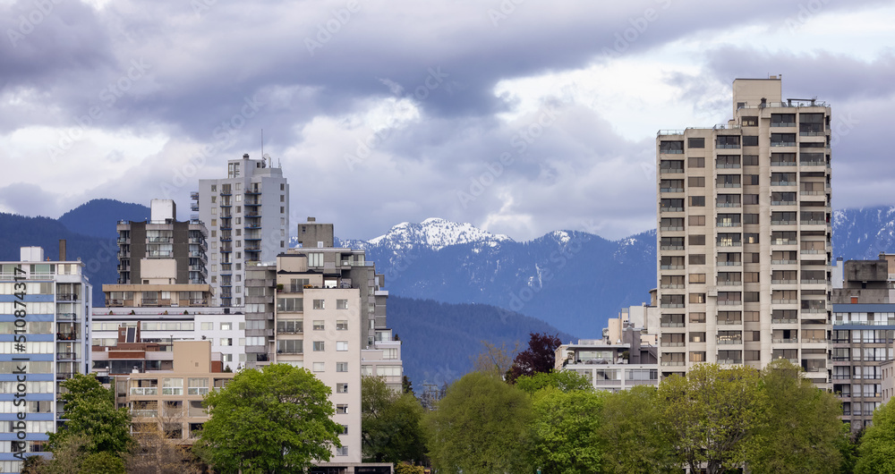 Residential Homes in Downtown Vancouver, British Columbia, Canada. Mountains in background