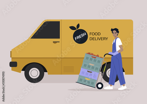 A grocery delivery service, a young male Caucasian character in denim overalls pushing a cart to a yellow van delivering food