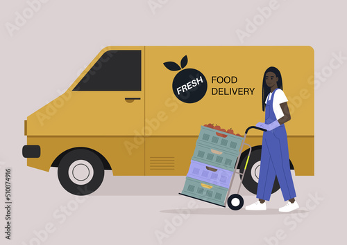 A grocery delivery service, a young female African character in denim overalls pushing a cart to a yellow van delivering food