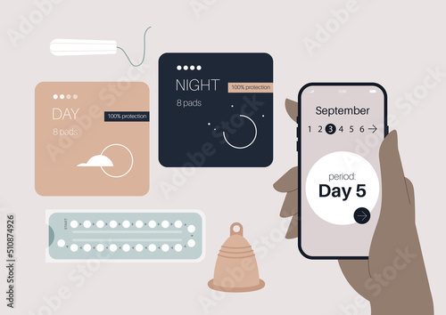 A menstruation set, a silicon cup, a tampon, two packs of sanitary pads, contraceptive pills, and a period tracking app