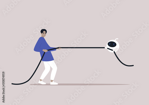 Human versus artificial intelligence, a young male Asian character competing with a robot in a tug of war game