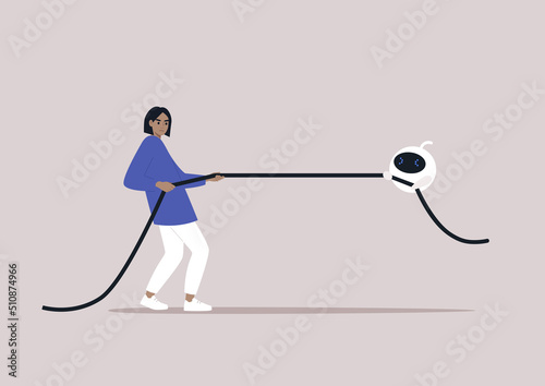 Human versus artificial intelligence, a young Caucasian female character competing with a robot in a tug of war game