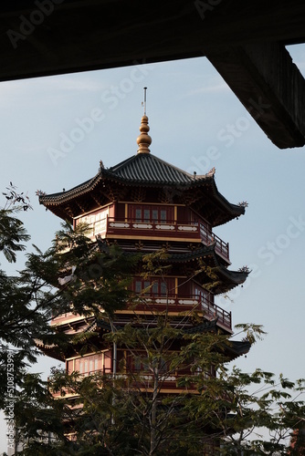 Pagoda Temple PIK from under the bridge, taken on June 4, 2022 in Jakarta, Indonesia