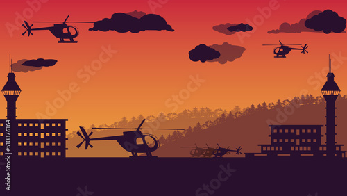 silhouette of helicopter and air traffic control tower on orange gradient background