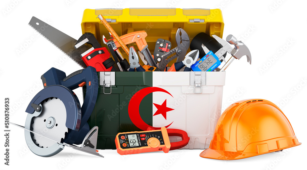 Algerian flag painted on the toolbox. Service, repair and construction in Algeria, concept. 3D rendering Algerian flag painted on the toolbox. Service, repair and construction in Algeria, concept. 3D rendering