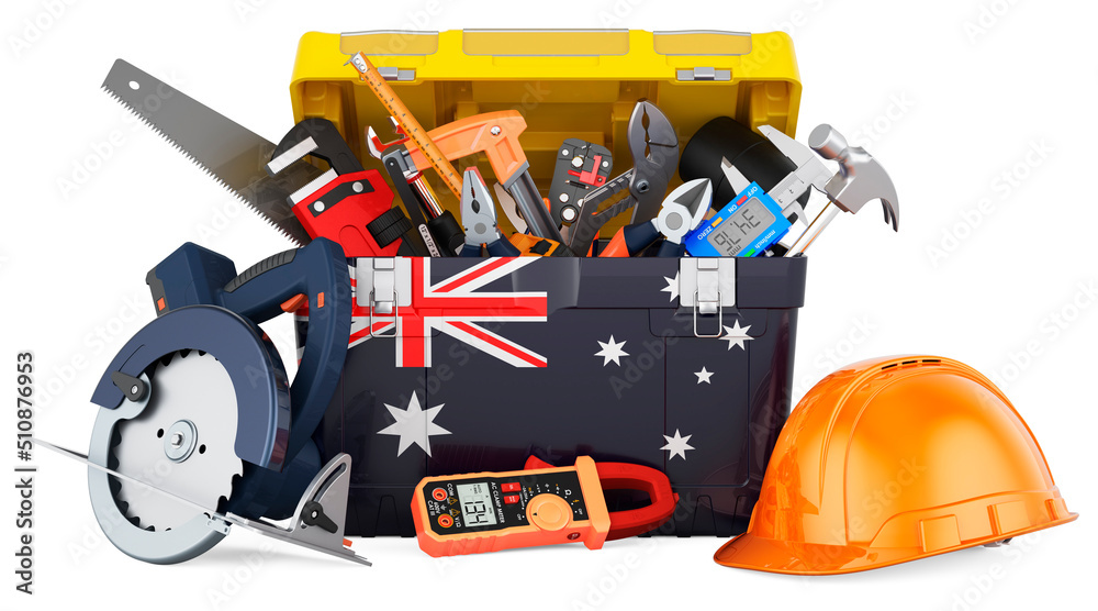 Australian flag painted on the toolbox. Service, repair and construction in Australia, concept. 3D rendering Australian flag painted on the toolbox. Service, repair and construction in Australia, concept. 3D rendering