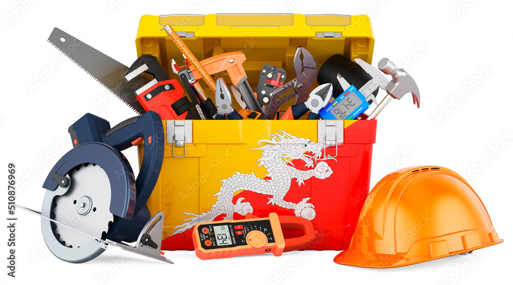 Bhutanese flag painted on the toolbox. Service, repair and construction in Bhutan, concept. 3D rendering