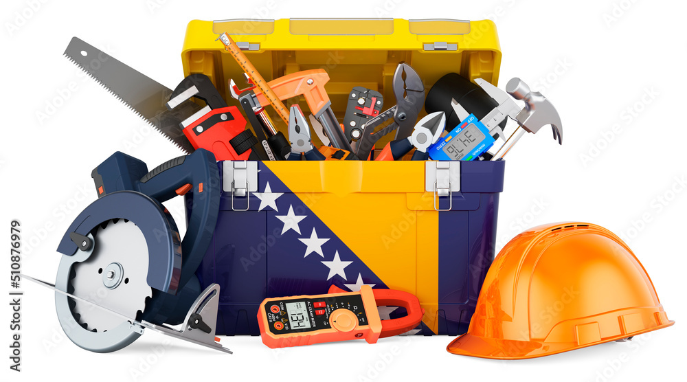 Bosnian flag painted on the toolbox. Service, repair and construction in Bosnia and Herzegovina, concept. 3D rendering Bosnian flag painted on the toolbox. Service, repair and construction in Bosnia and Herzegovina, concept. 3D rendering