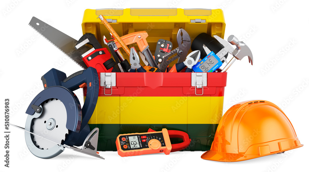 Bolivian flag painted on the toolbox. Service, repair and construction in Bolivia, concept. 3D rendering Bolivian flag painted on the toolbox. Service, repair and construction in Bolivia, concept. 3D rendering